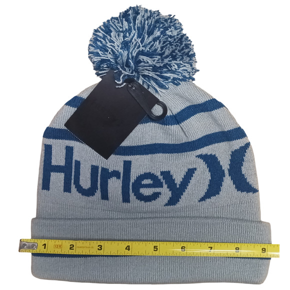 Hurley Ragland Gray Blue Pom Beanie Knit Winter Hat Cuffed Acrylic One Size New - Picture 9 of 12